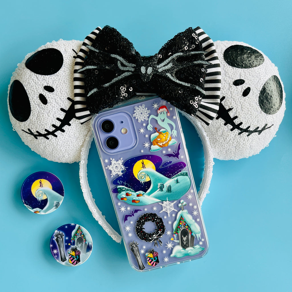 Meant to Be jack and Sally Phone Case with matching phone grip and jack minnie mouse ears