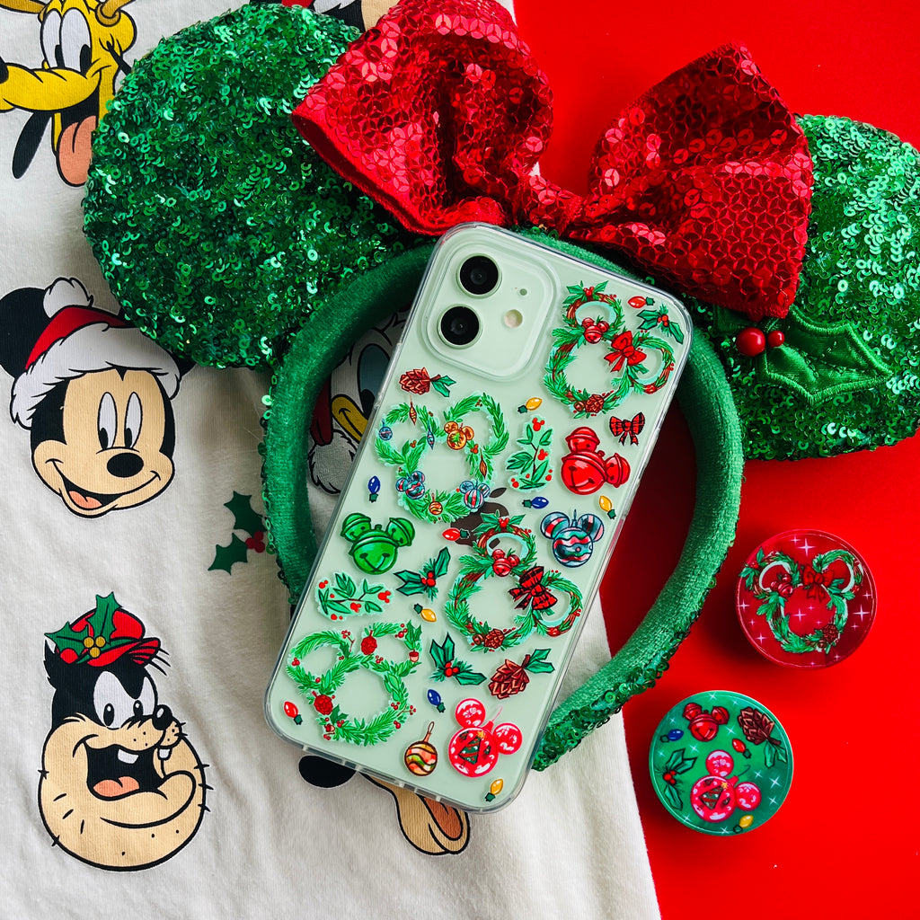 Holiday Magic Phone Case and matching phone grip with mickey and friends Christmas shirt