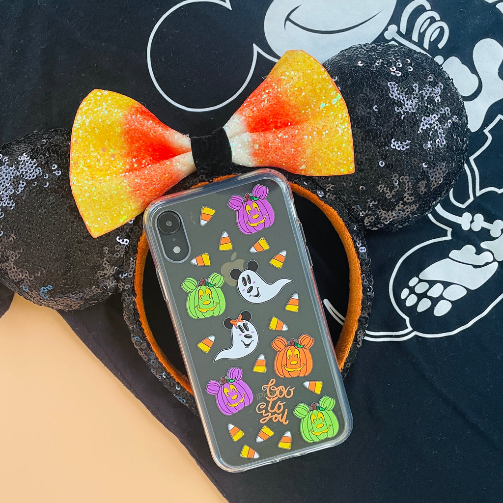 Boo to You Phone Case with Mickey Pumpkins, Mickey skeleton shirt, and Minnie Mouse ears