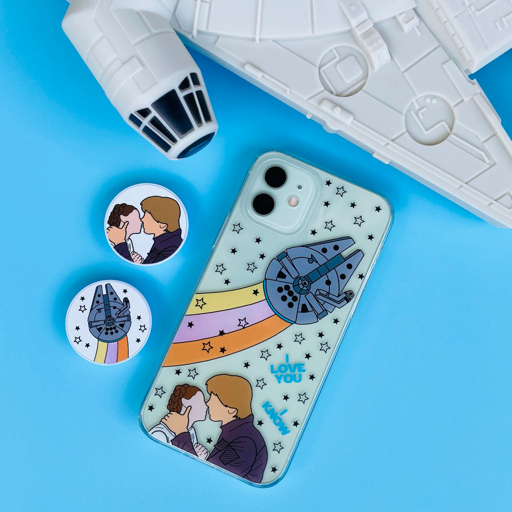 I Love You I Know Han and Leia Phone Case and matching Phone Pop with Millennium Falcon