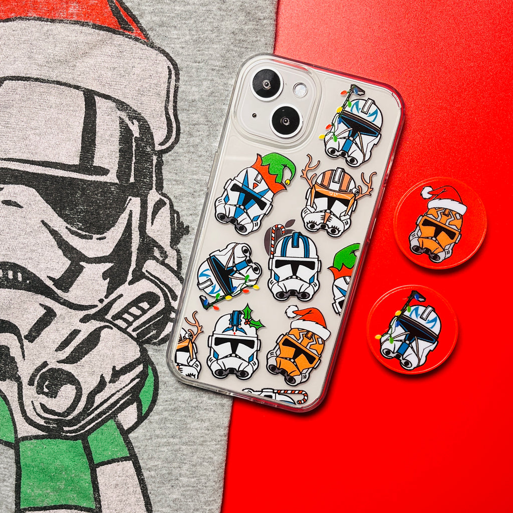 Christmas Clones phone case and matching phone grips with stormtrooper helmet in Santa hat and scarf