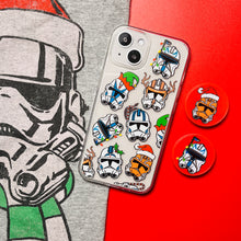 Load image into Gallery viewer, Christmas Clones phone case and matching phone grips with stormtrooper helmet in Santa hat and scarf