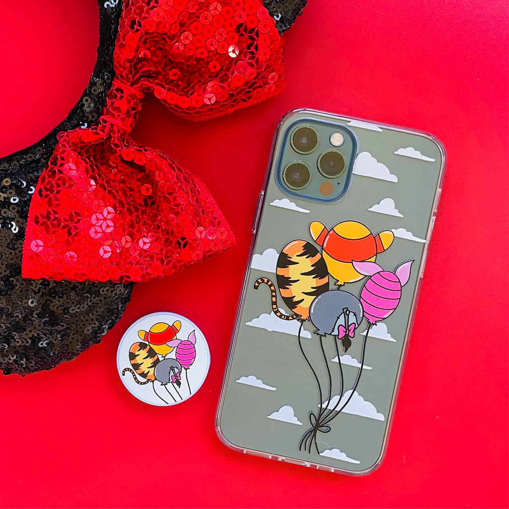 Hundred Acre Friends Winnie the Pooe Phine Case and Matching Phone Pop on red background with Black and Red Minnie Mouse Ears