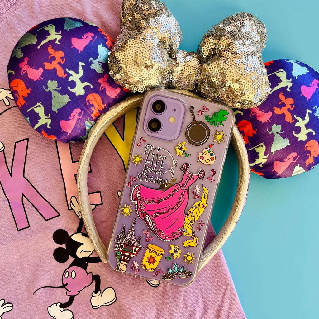 Purple Mickey shirt with Disney Princess minnie mouse ears and Punzie phone case.