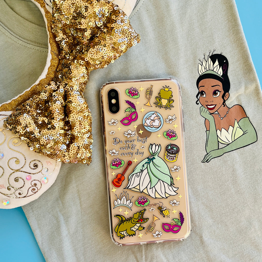 Princess Tiana shirt with 50th Anniversary minnie mouse ears and NOLA phone case.