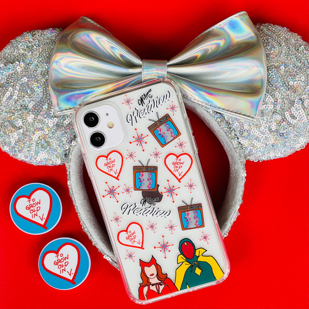 Welcome to Westview WandaVision Phone Case and Matching Phone Pop on a red background with silver minnie mouse ears