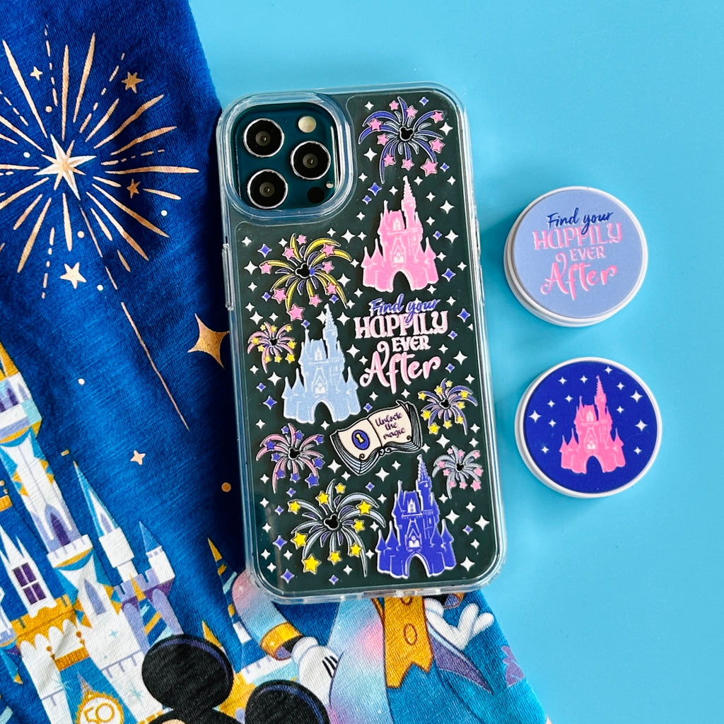 Happily Ever After Fireworks Phone Case and matching phone grip with Disney 50th celebration t-shirt