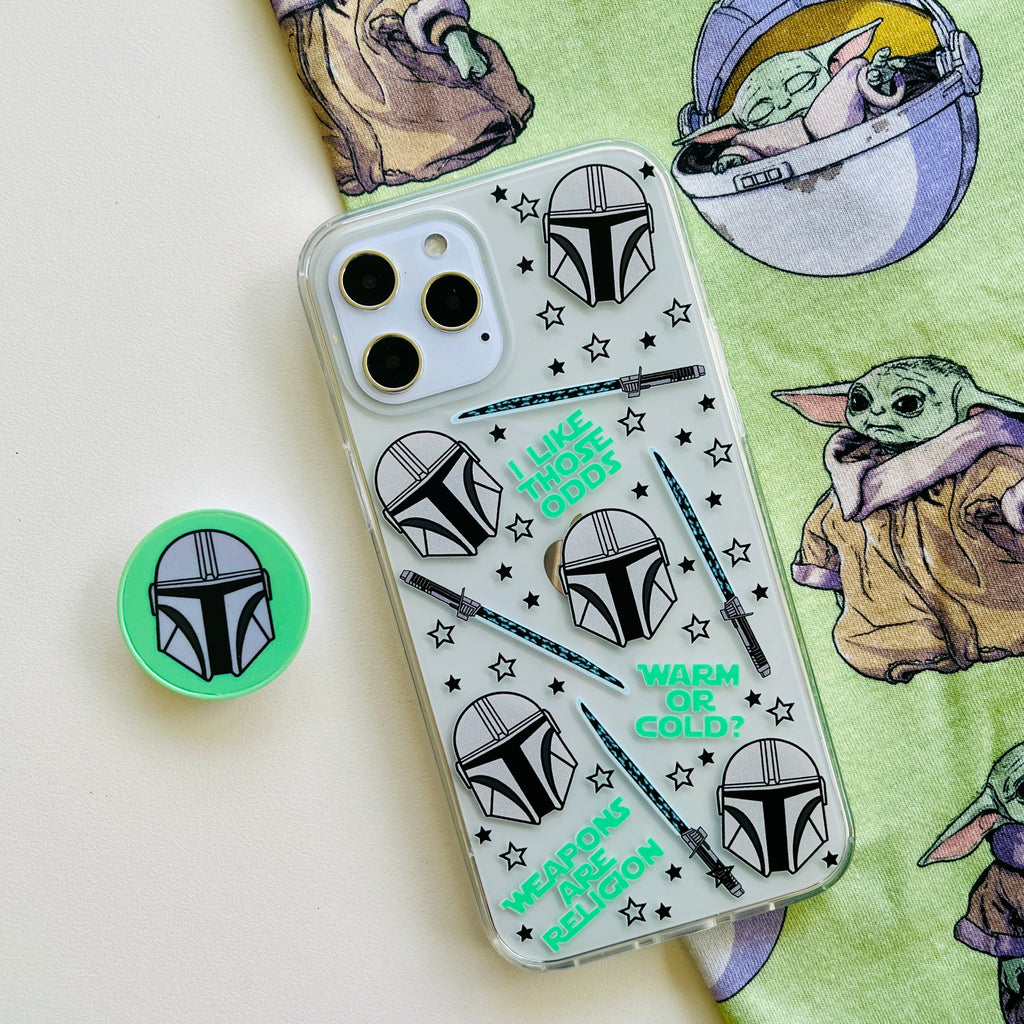 Wonder of a Kind Mando Phone Case and matching phone grip with grogo baby yoda shirt