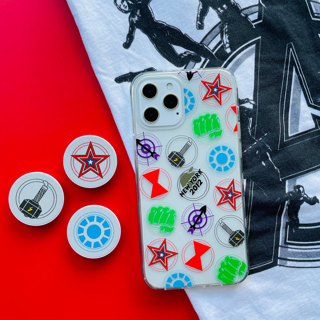 Avengers tshirt with Superheroes in NY phone case and matching phone grips
